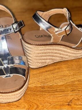Corkys Silver Metallic Espadrille Wedge Sandals